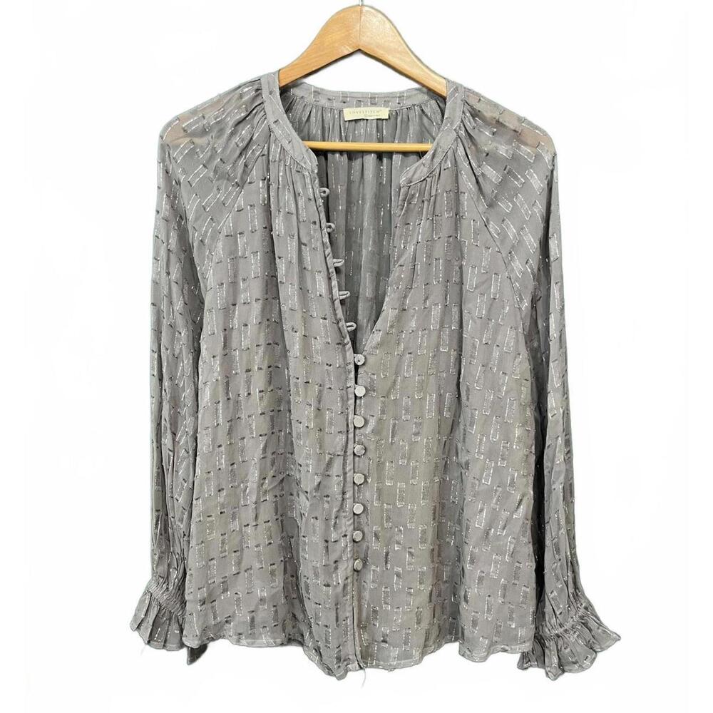 Lovestitch Grey Metallic Lurex Silk-Feel Silver Shimmer Ruffle Blouse, Size L